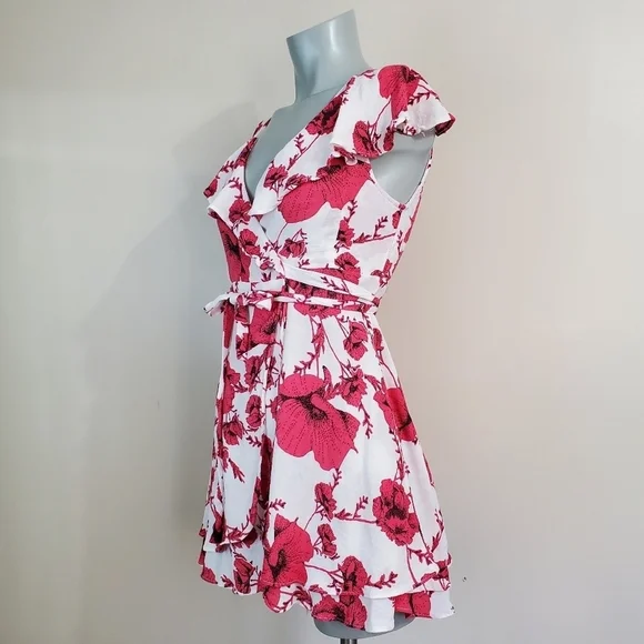 Free People "French Quarter" Red Floral Ruffle Mini Wrap Dress Size XS - Picture 3 of 15